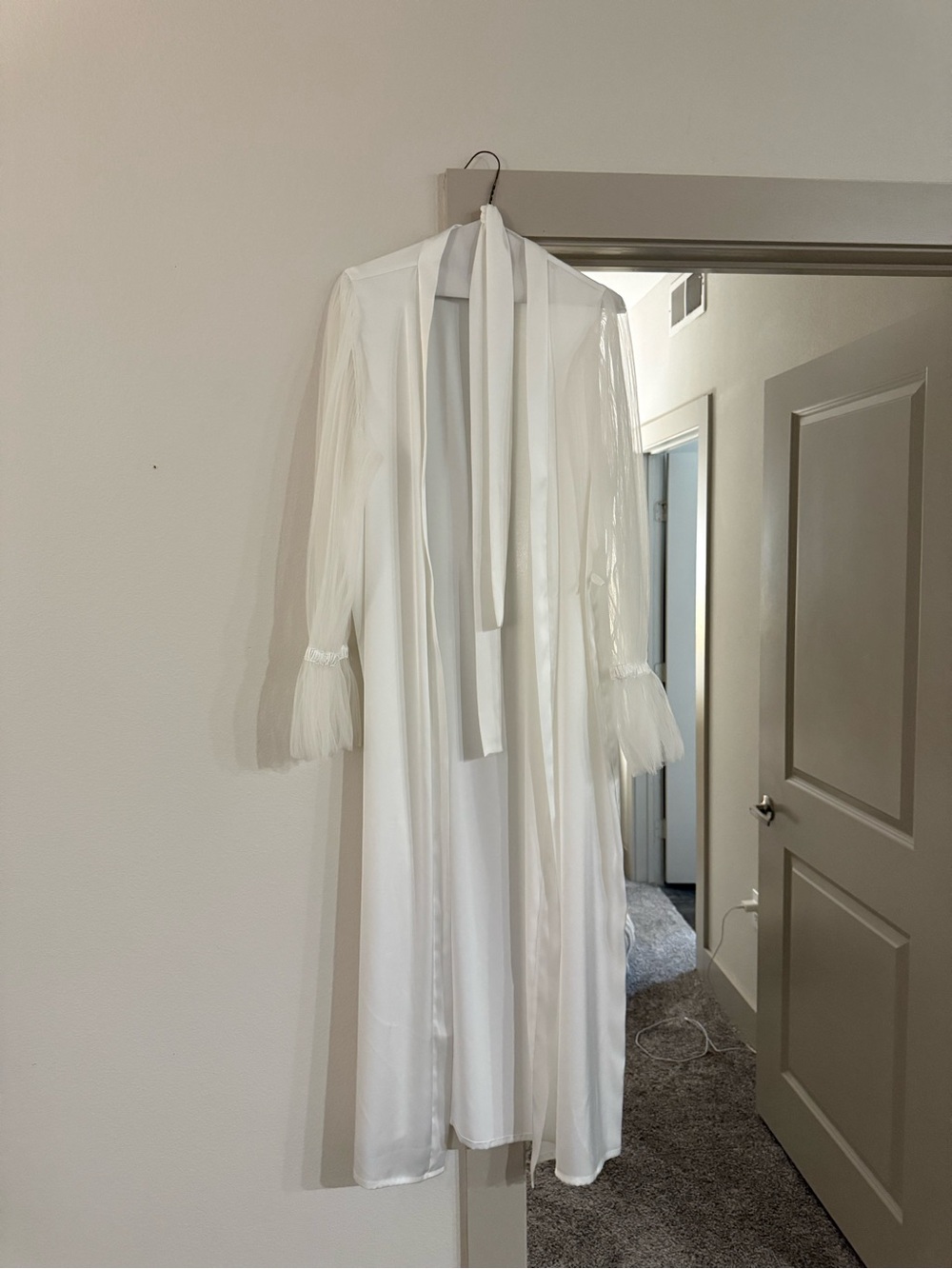White Silk Bridal Robe with Sheer Tulle Sleeves - NICOLE - WHITE LONG: The Robe - Picture 3 of 3